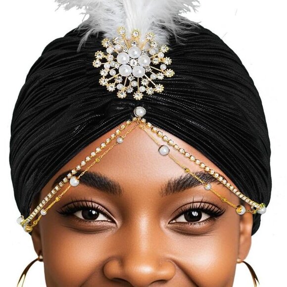 Accessories - Women Rhinestone Turban Cap Pearl Feather Beanie Vintage Head Cover Hat
